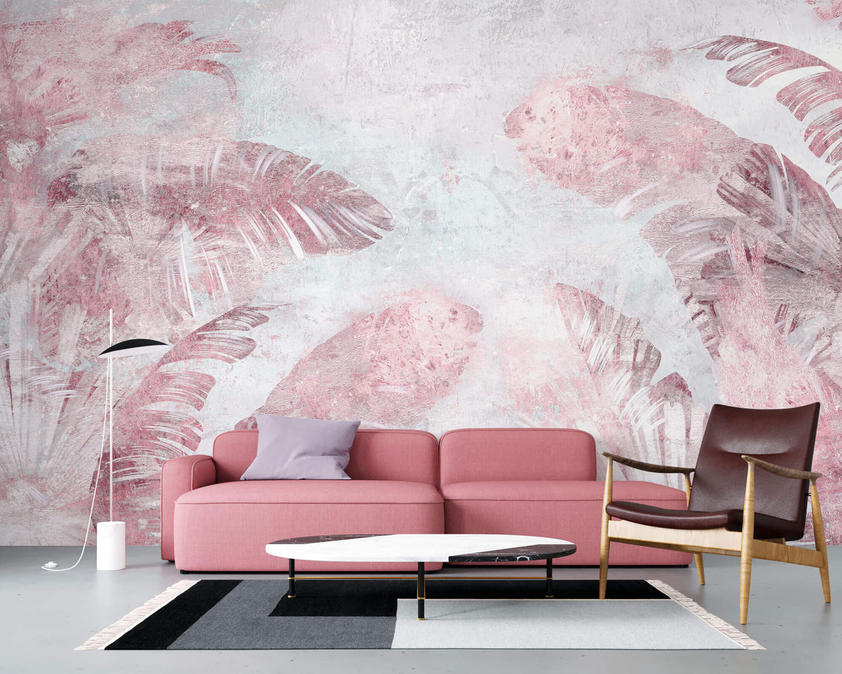 Tapet Personalizat Leaf cu frunze tropicale in nuante de roz si mov pe un fundal texturat - PURPLE LEAF WALL