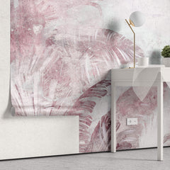 Tapet Personalizat Leaf cu frunze tropicale in nuante de roz si mov pe un fundal texturat - PURPLE LEAF WALL