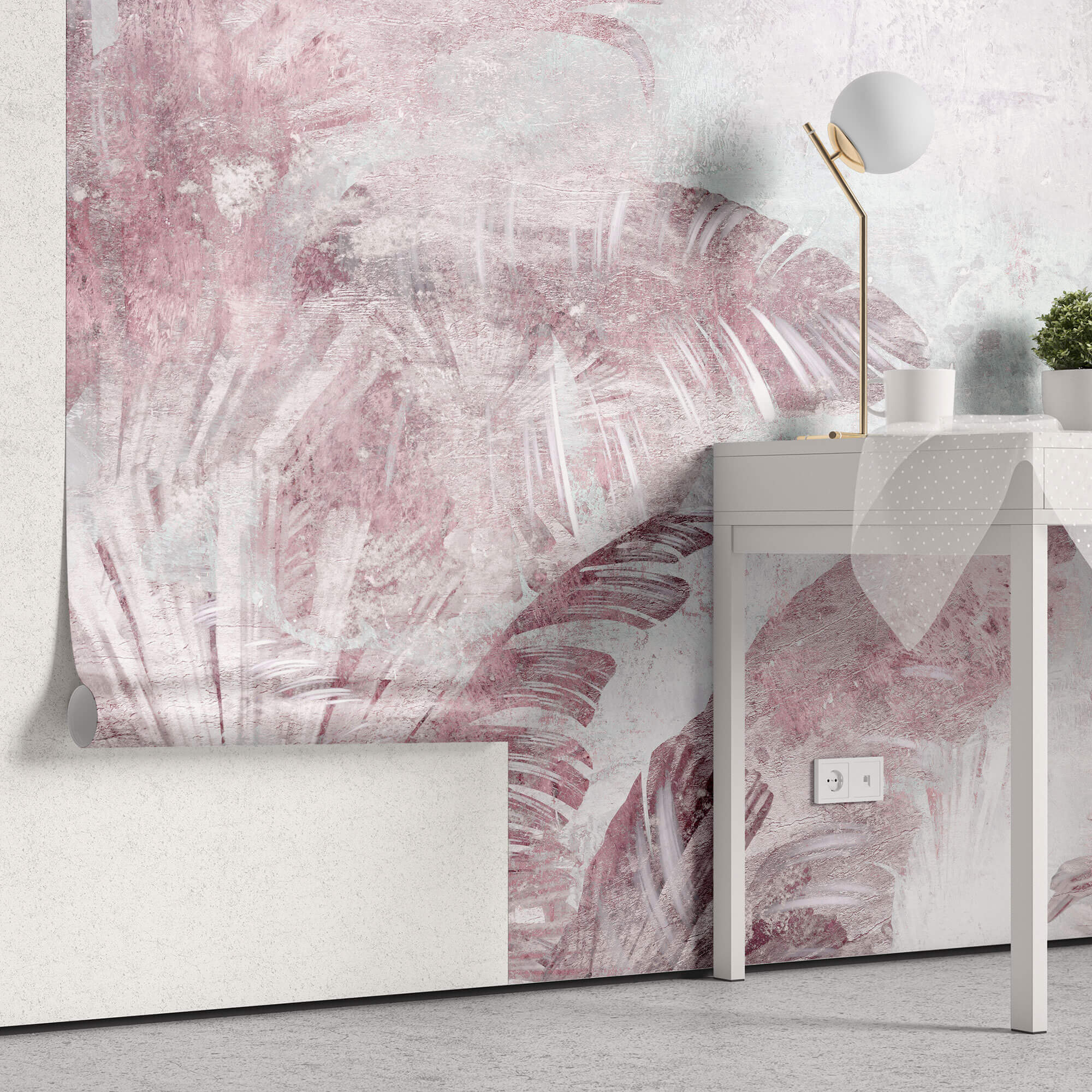 Tapet Personalizat Leaf cu frunze tropicale in nuante de roz si mov pe un fundal texturat - PURPLE LEAF WALL