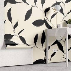 Tapet Personalizat Leaf cu funze negre pictate in stil minimalist japonez - JAPANDI BOTANIC