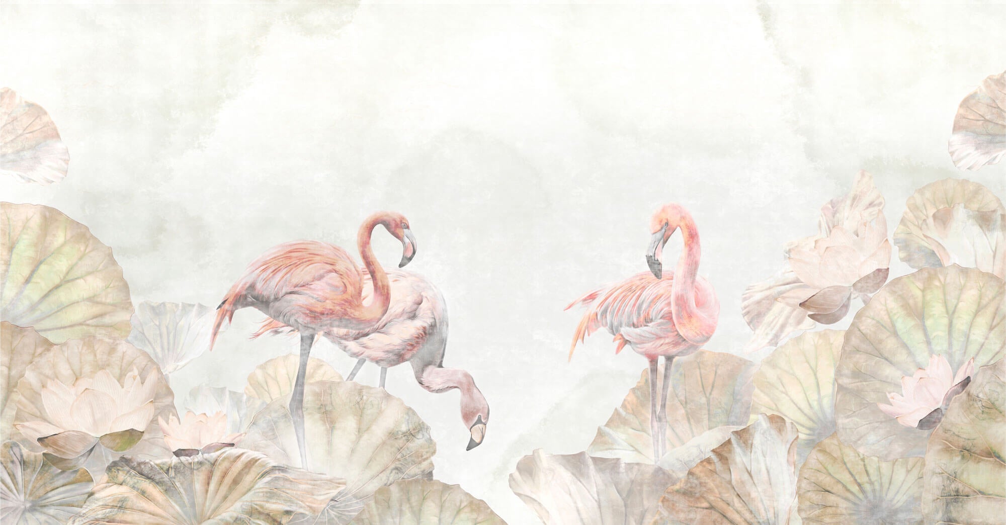 Tapet Personalizat Leaf cu frunze de lotus si flamingo roz - FLAMINGO LOTUS