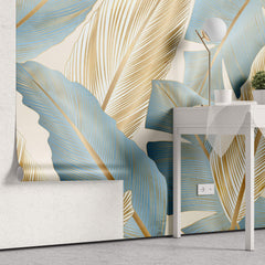 Tapet Personalizat Leaf cu frunze aurii si albastre - FREEDOM FEATHERS