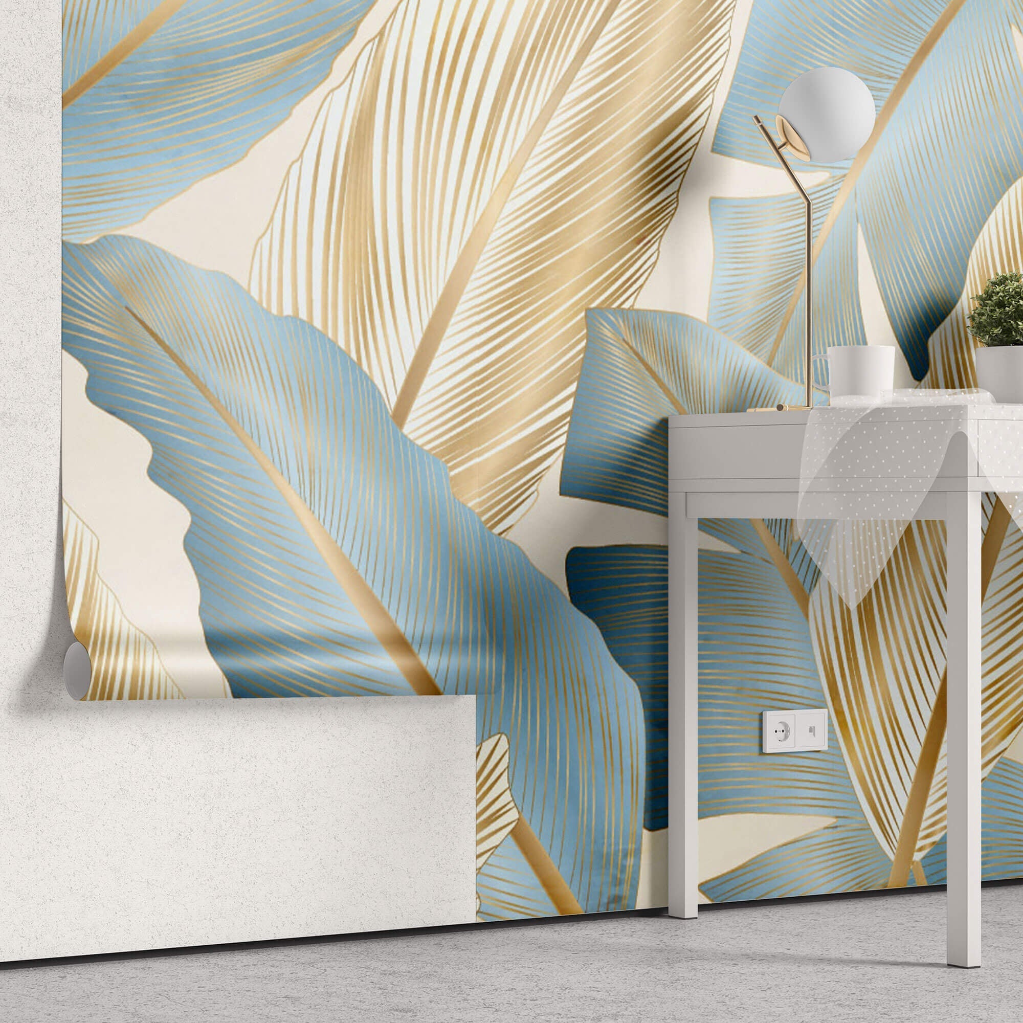 Tapet Personalizat Leaf cu frunze aurii si albastre - FREEDOM FEATHERS