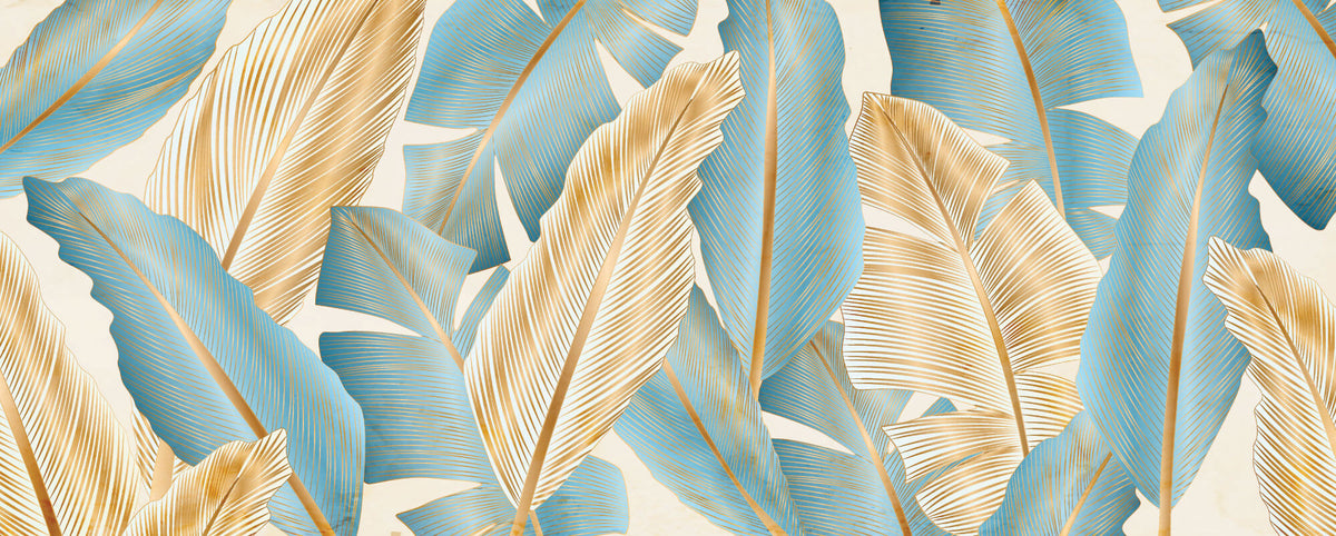 Tapet Personalizat Leaf cu frunze aurii si albastre - FREEDOM FEATHERS
