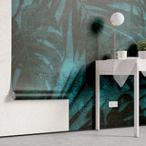 Tapet tropical personalizat cu frunze tropicale de monstera si palmieri pe un fundal albastru inchis aqua dark vegetation