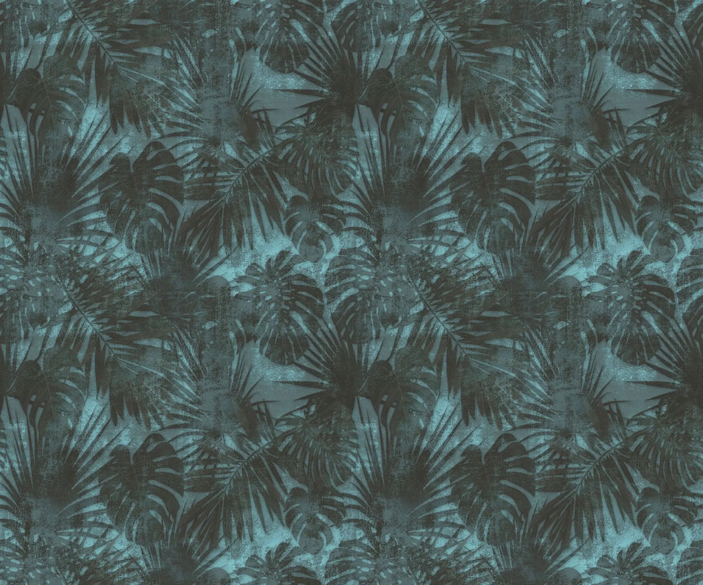Tapet tropical personalizat cu frunze tropicale de monstera si palmieri pe un fundal albastru inchis aqua dark vegetation