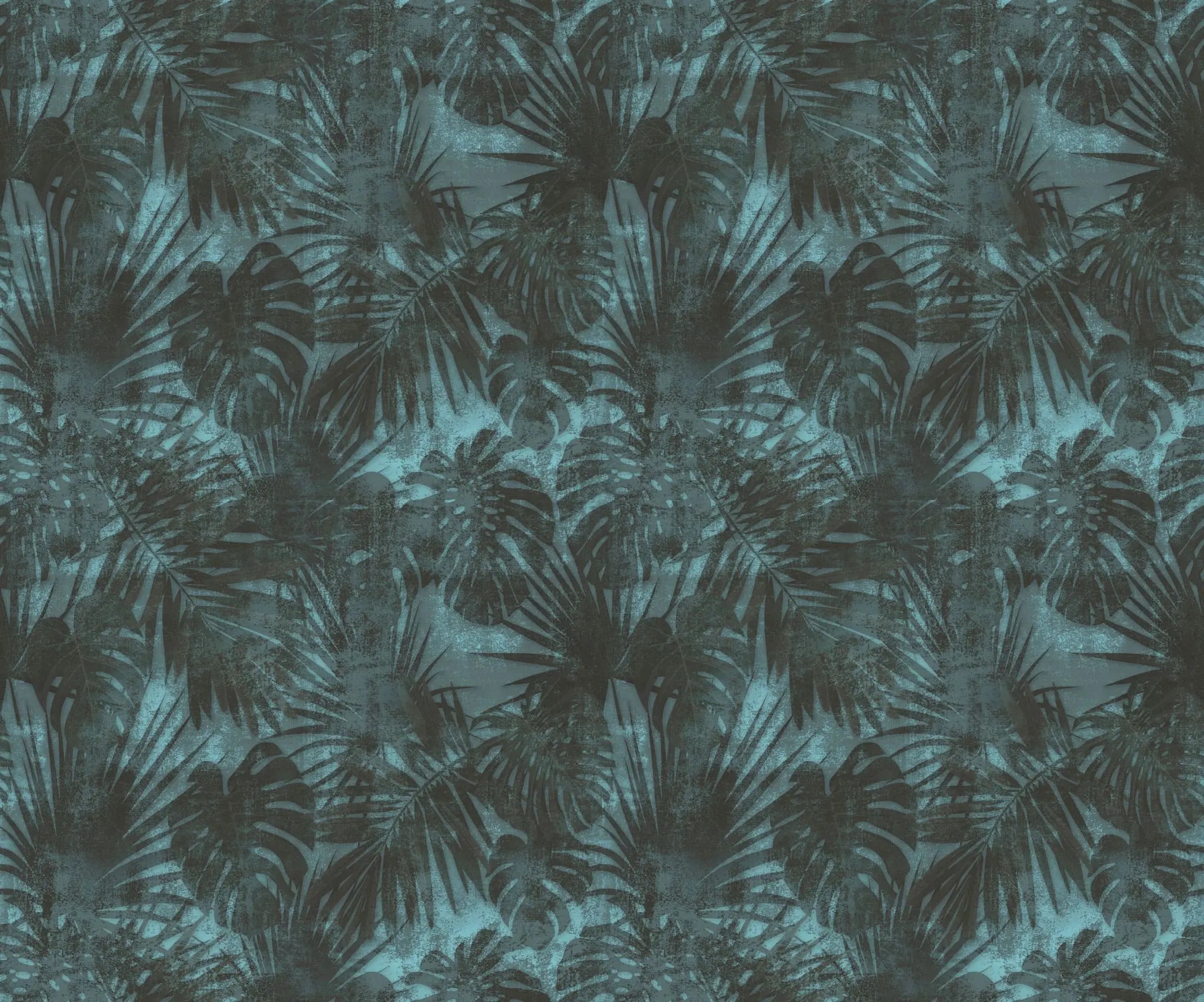 Tapet tropical personalizat cu frunze tropicale de monstera si palmieri pe un fundal albastru inchis aqua dark vegetation