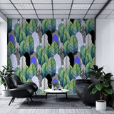 Tapet tropical personalizat cu frunze tropicale colorate verzi albastre si negre intr o combinatie artistica de linii si triunghiuri artistic leaves