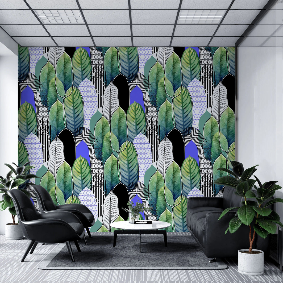Tapet tropical personalizat cu frunze tropicale colorate verzi albastre si negre intr o combinatie artistica de linii si triunghiuri artistic leaves