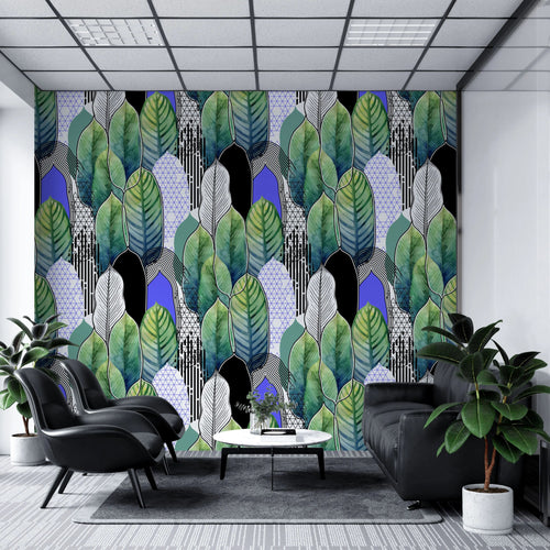 Tapet tropical personalizat cu frunze tropicale colorate verzi albastre si negre intr o combinatie artistica de linii si triunghiuri artistic leaves