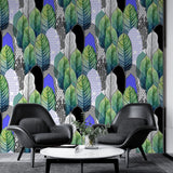 Tapet tropical personalizat cu frunze tropicale colorate verzi albastre si negre intr o combinatie artistica de linii si triunghiuri artistic leaves