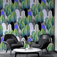 Tapet tropical personalizat cu frunze tropicale colorate verzi albastre si negre intr o combinatie artistica de linii si triunghiuri artistic leaves