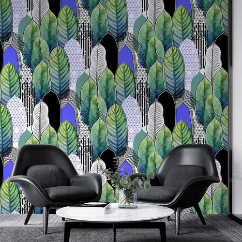 Tapet tropical personalizat cu frunze tropicale colorate verzi albastre si negre intr o combinatie artistica de linii si triunghiuri artistic leaves