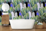 Tapet tropical personalizat cu frunze tropicale colorate verzi albastre si negre intr o combinatie artistica de linii si triunghiuri artistic leaves