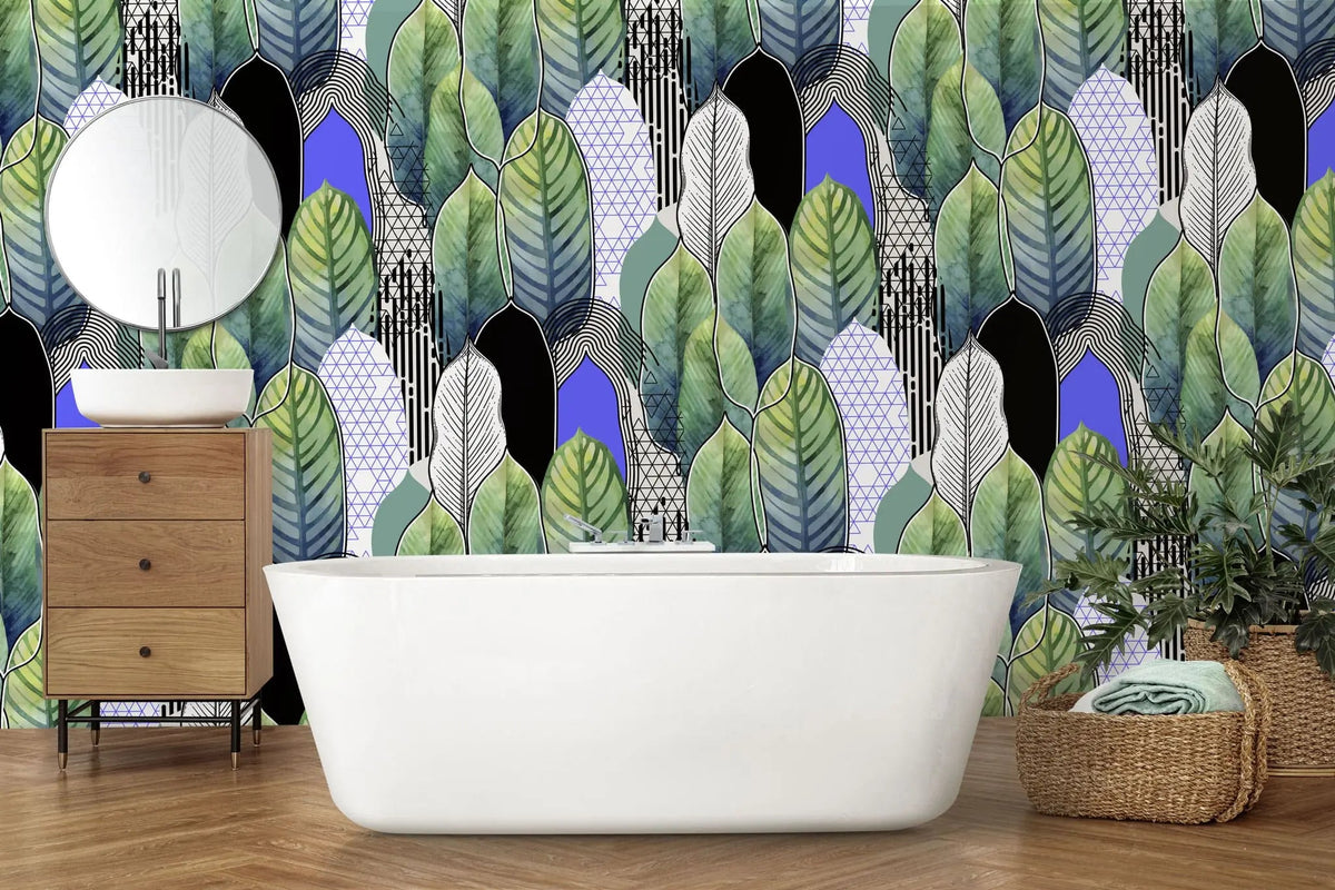 Tapet tropical personalizat cu frunze tropicale colorate verzi albastre si negre intr o combinatie artistica de linii si triunghiuri artistic leaves