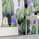 Tapet tropical personalizat cu frunze tropicale colorate verzi albastre si negre intr o combinatie artistica de linii si triunghiuri artistic leaves