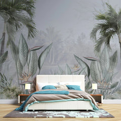 Tapet personalizat tropical intr un peisaj de jungla cu palmieri tropicali si planta paradisului bird of paradise