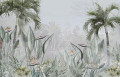 Tapet personalizat tropical intr un peisaj de jungla cu palmieri tropicali si planta paradisului bird of paradise