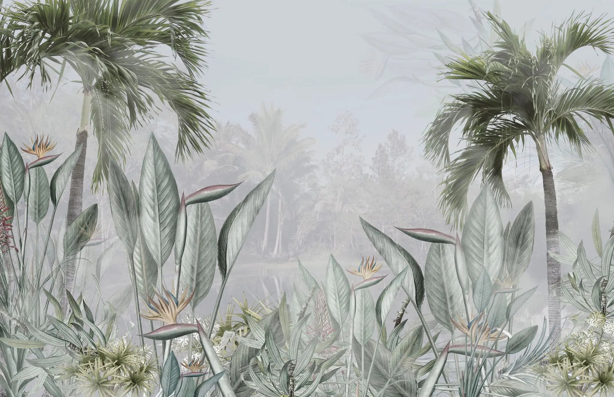 Tapet personalizat tropical intr un peisaj de jungla cu palmieri tropicali si planta paradisului bird of paradise