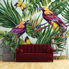 Tapet tropical personalizat fluturi tropicali colorati si pasari multicolore printre frunze de palmier si planta paradisului butterflies & birds of paradise