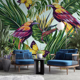 Tapet tropical personalizat fluturi tropicali colorati si pasari multicolore printre frunze de palmier si planta paradisului butterflies & birds of paradise