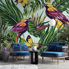 Tapet tropical personalizat fluturi tropicali colorati si pasari multicolore printre frunze de palmier si planta paradisului butterflies & birds of paradise