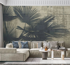 Tapet tropical personalizat cu umbre de palmieri tropicali thrinax parviflora pe un fundal de ciment gri concrete palms