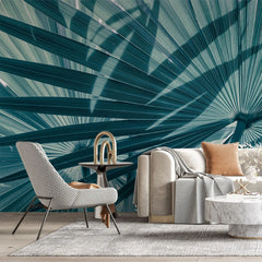 Tapet tropical personalizat cu frunze tropicale de palmier apak in tonuri de albastru cyan cyan tone palms