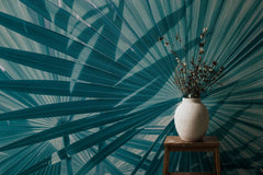 Tapet tropical personalizat cu frunze tropicale de palmier apak in tonuri de albastru cyan cyan tone palms