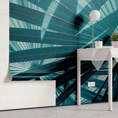 Tapet tropical personalizat cu frunze tropicale de palmier apak in tonuri de albastru cyan cyan tone palms
