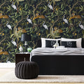 Tapet tropical personalizat cu copaci si flori tropicale frunze de bananier tigrii si barze pe fundal inchis dark jungle