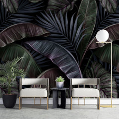 Tapet tropical personalizat cu frunze tropicale de bananier si palmier in tonuri inchise de verde si mov dark madagascar