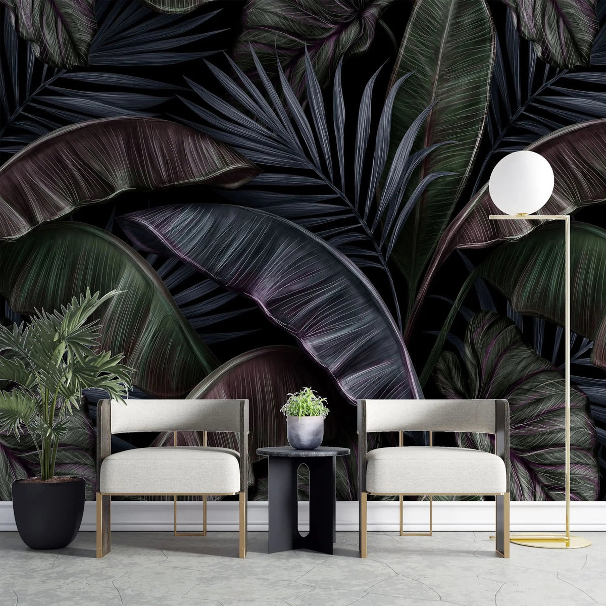 Tapet tropical personalizat cu frunze tropicale de bananier si palmier in tonuri inchise de verde si mov dark madagascar