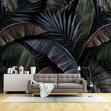 Tapet tropical personalizat cu frunze tropicale de bananier si palmier in tonuri inchise de verde si mov dark madagascar
