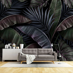 Tapet tropical personalizat cu frunze tropicale de bananier si palmier in tonuri inchise de verde si mov dark madagascar