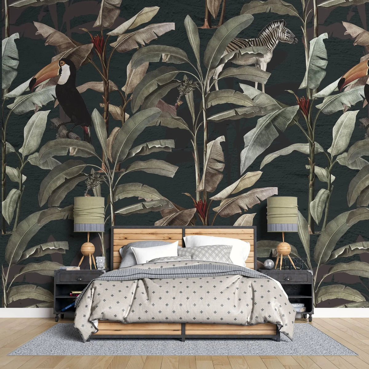 Tapet tropical personalizat cu frunze tropicale de bananier si animale tropicale – papagalul toco toucan sau tucanul urias leopard si zebre pe un fundal inchis dark tropical fauna