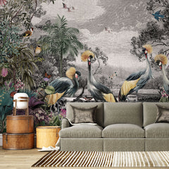 Tapet tropical personalizat tropical cu aspect de Tablou cu peisaj din jungla tropicala cu pasari si plante exotice exotic canvas