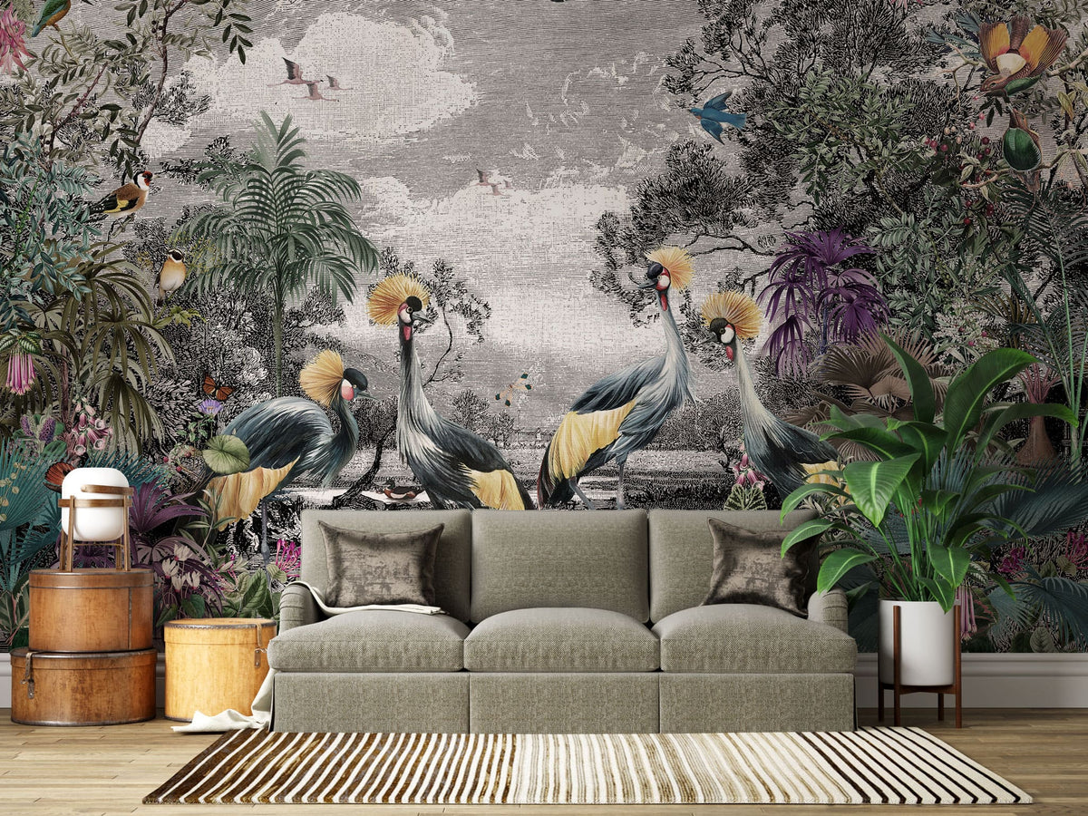 Tapet tropical personalizat tropical cu aspect de Tablou cu peisaj din jungla tropicala cu pasari si plante exotice exotic canvas