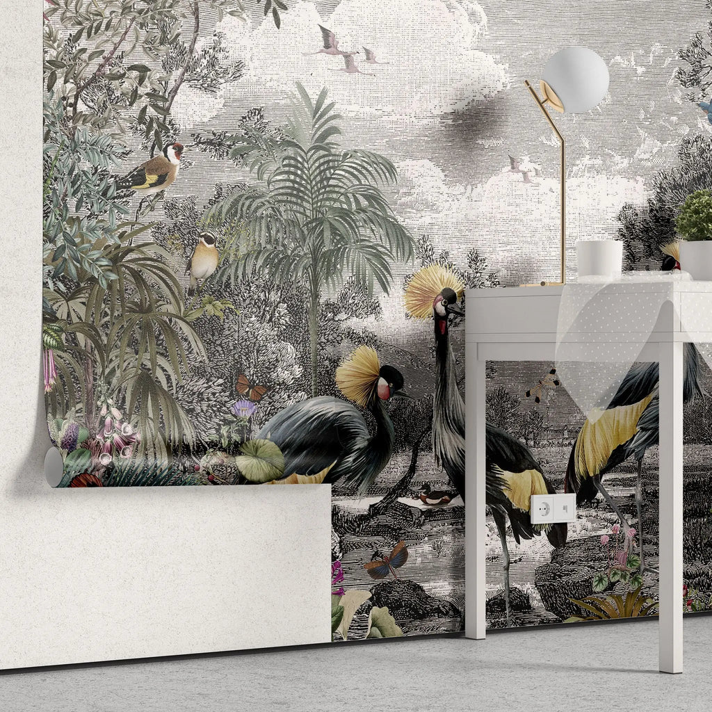 Tapet tropical personalizat tropical cu aspect de Tablou cu peisaj din jungla tropicala cu pasari si plante exotice exotic canvas