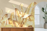 Tapet tropical personalizat cu frunze tropicale elegante aurii cu efect de pene pe fundal nude golden bird's nest fern