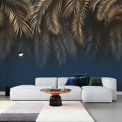 Tapet tropical personalizat cu ramuri de palmier quito aurii pe fundal bleumarin golden burrawong