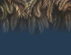 Tapet tropical personalizat cu ramuri de palmier quito aurii pe fundal bleumarin golden burrawong
