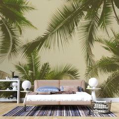 Tapet tropical personalizat cu frunze tropicale de palmieri majestic verzi pe fundal cald insorit golden hour