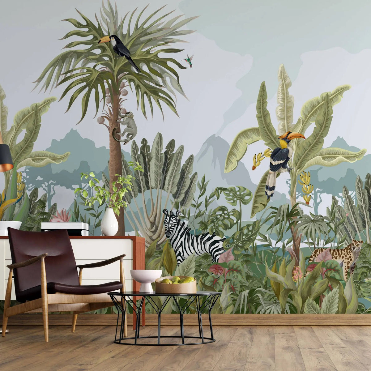 Tapet tropical personalizat cu jungla ilustrata care curpinde flora si fauna tropicala contine frunze tropicale de monstera palmieri bananieri cocotieri flori tropicale de planta paradisului nuci de cocos dar si zebre specii de papagali tropicali papagalul toucan urias leopard flamingo maimuta jungle illustration