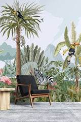 Tapet tropical personalizat cu jungla ilustrata care curpinde flora si fauna tropicala contine frunze tropicale de monstera palmieri bananieri cocotieri flori tropicale de planta paradisului nuci de cocos dar si zebre specii de papagali tropicali papagalul toucan urias leopard flamingo maimuta jungle illustration