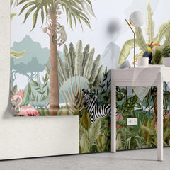 Tapet tropical personalizat cu jungla ilustrata care curpinde flora si fauna tropicala contine frunze tropicale de monstera palmieri bananieri cocotieri flori tropicale de planta paradisului nuci de cocos dar si zebre specii de papagali tropicali papagalul toucan urias leopard flamingo maimuta jungle illustration