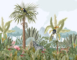 Tapet tropical personalizat cu jungla ilustrata care curpinde flora si fauna tropicala contine frunze tropicale de monstera palmieri bananieri cocotieri flori tropicale de planta paradisului nuci de cocos dar si zebre specii de papagali tropicali papagalul toucan urias leopard flamingo maimuta jungle illustration