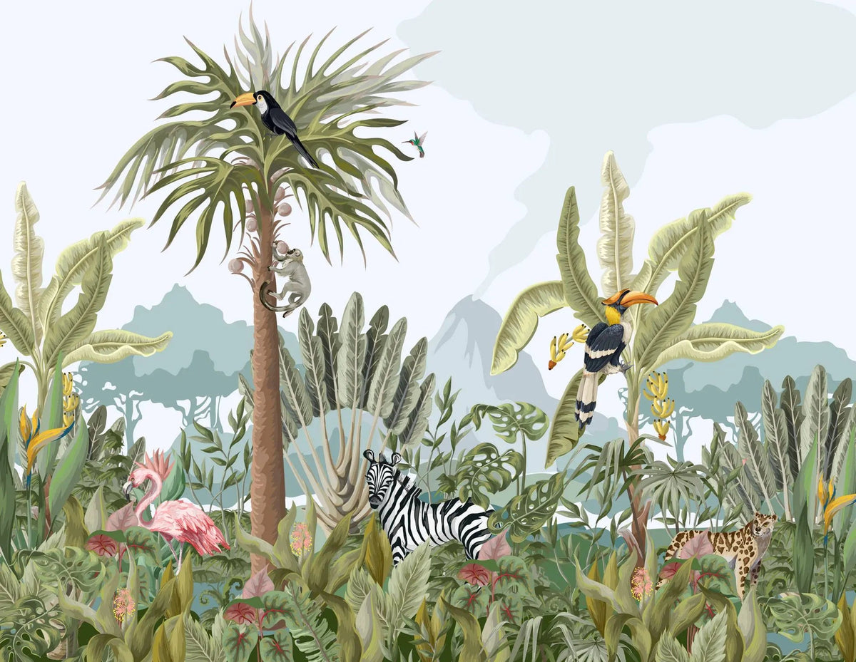 Tapet tropical personalizat cu jungla ilustrata care curpinde flora si fauna tropicala contine frunze tropicale de monstera palmieri bananieri cocotieri flori tropicale de planta paradisului nuci de cocos dar si zebre specii de papagali tropicali papagalul toucan urias leopard flamingo maimuta jungle illustration