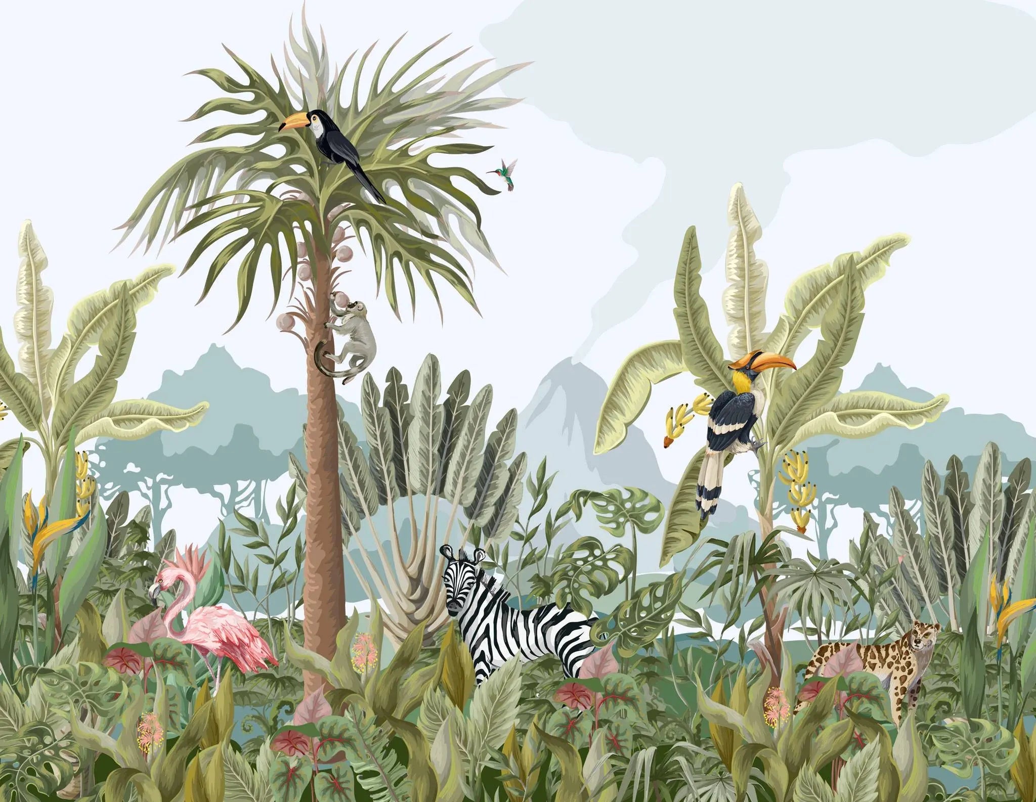 Tapet tropical personalizat cu jungla ilustrata care curpinde flora si fauna tropicala contine frunze tropicale de monstera palmieri bananieri cocotieri flori tropicale de planta paradisului nuci de cocos dar si zebre specii de papagali tropicali papagalul toucan urias leopard flamingo maimuta jungle illustration