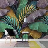 Tapet tropical personalizat cu frunze tropicale de bananier si palmier in tonuri aurii si cu nuante de verde pe fundal inchis madagascar cycad